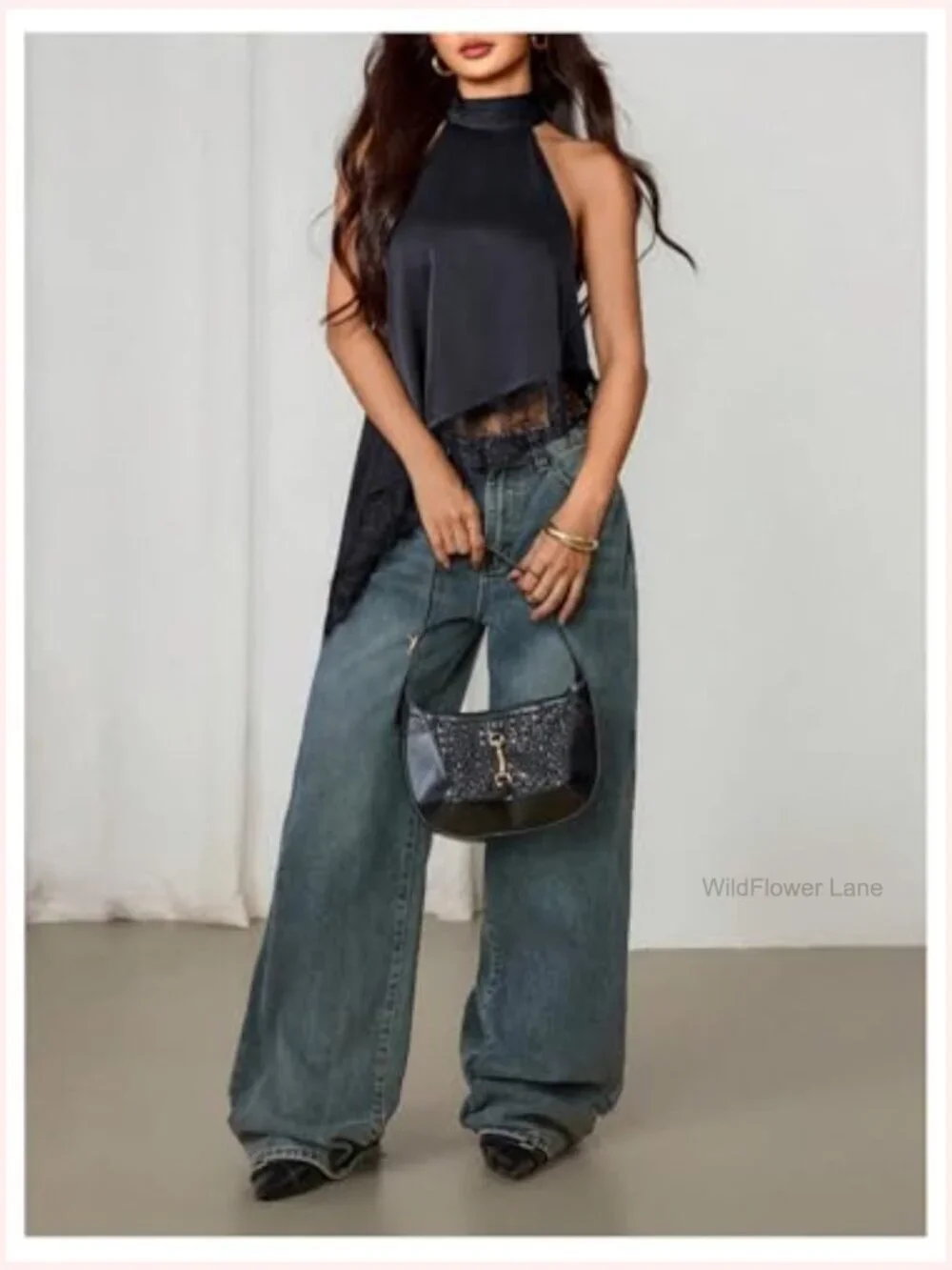 Halter Neck Lace Trim Sleeveless Asymmetrical Hem Flowy Blouse Top